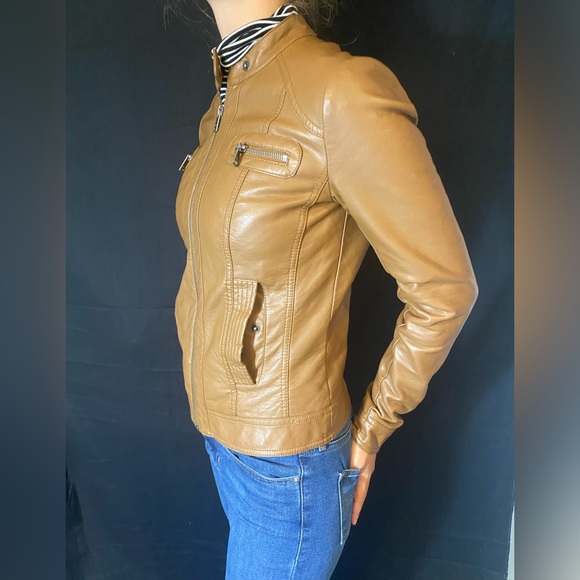 ONLY Brand faux leather biker jacket lined women’s Carmel colour - Picture 3 of 15